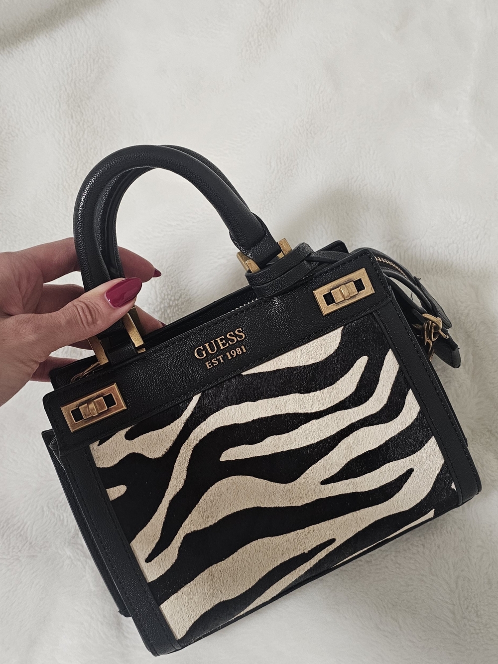 GUESS Black Zebra-Print Top Handle Satchel